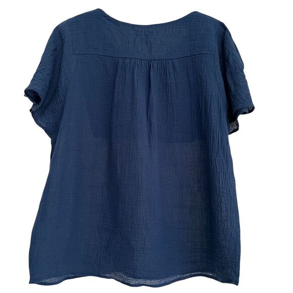 Vince Camuto Boho Blue + White Embroidered Short Sleeve Top Cotton Gauze Medium - Picture 4 of 6